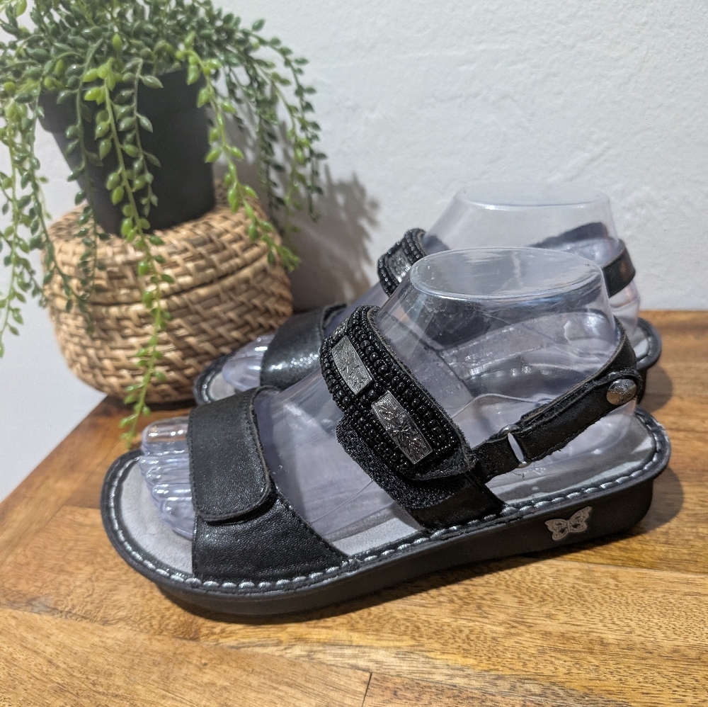 Alegria Sandals Womens 6.5 Verona Strappy‎ Black Leather Metallic Comfort